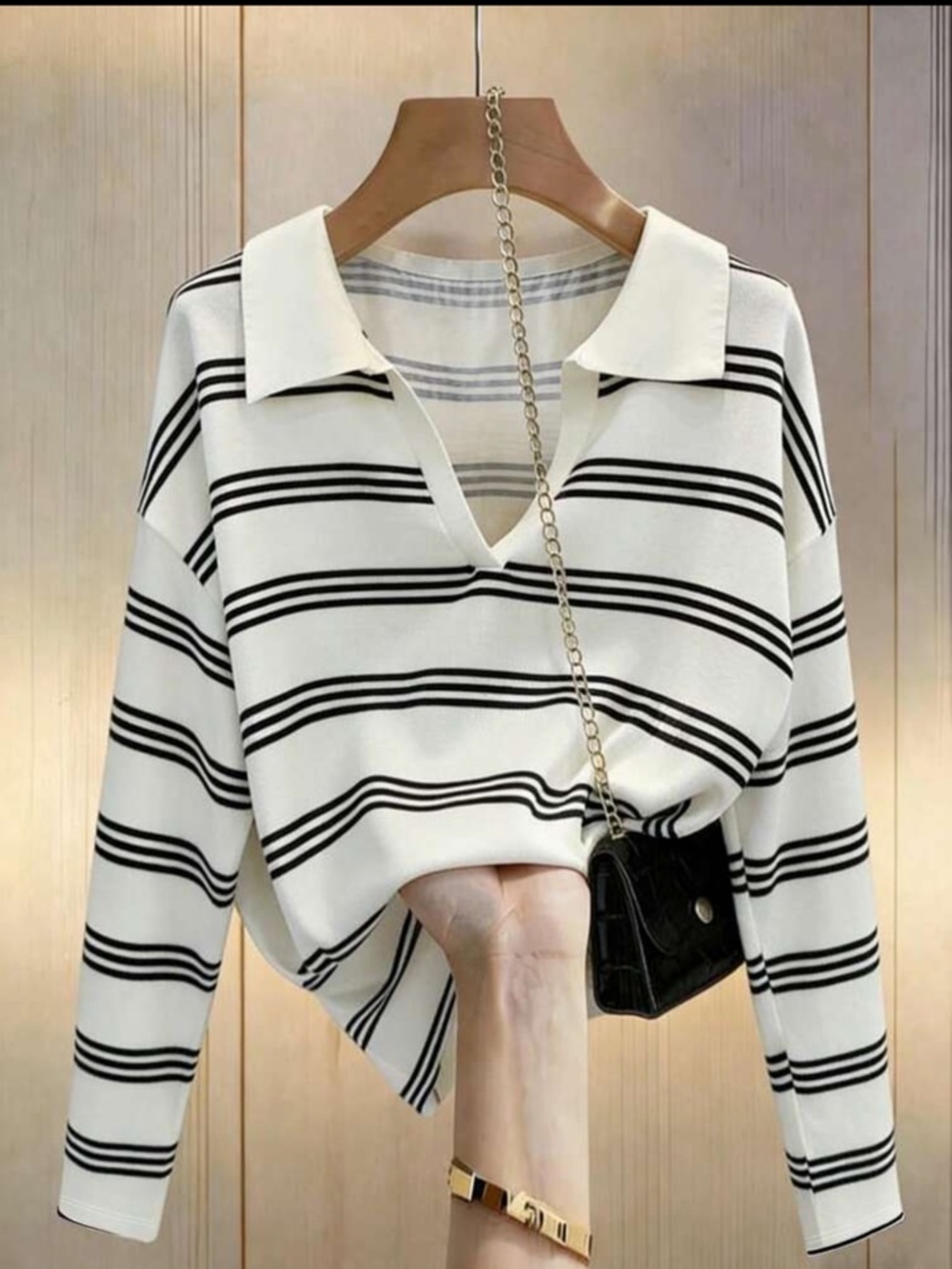 SHEIN Women’s White Striped Drop Shoulder Long Sleeve T-Shirt